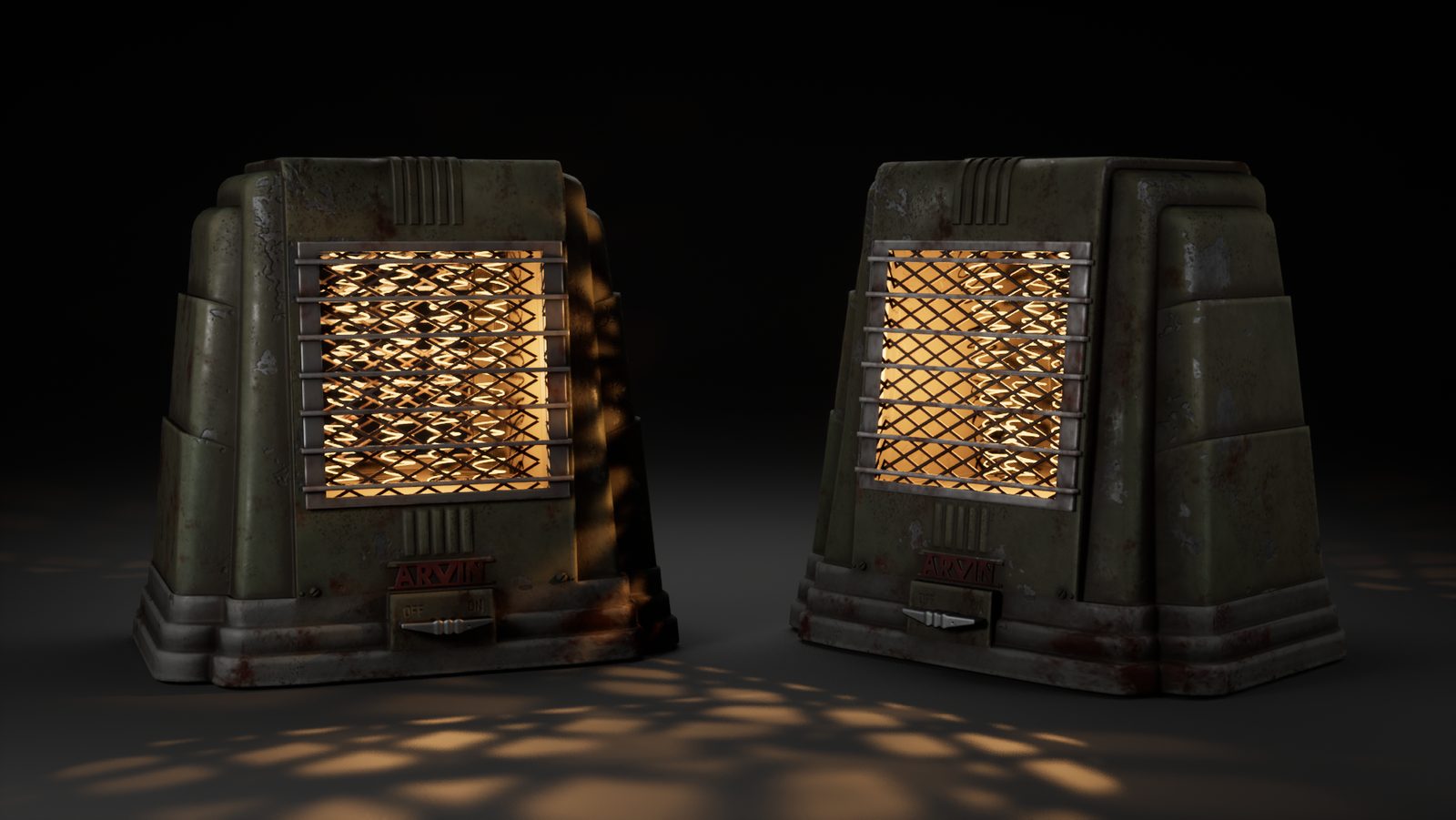 Two worn kerosene heaters glowing orange.