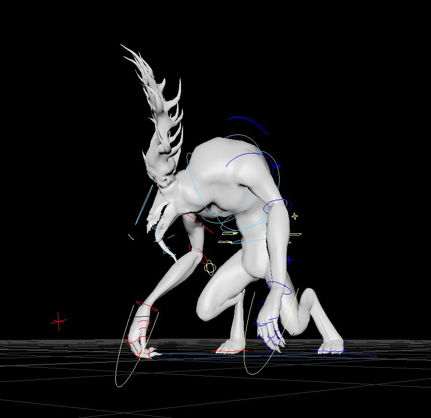 Rigged antlered creature crouched on all fours, with animation controls visible.